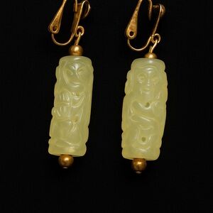 Vintage Carved Asian Longevity Figure Clip On Earrings